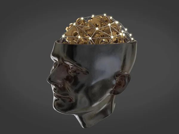 Gyllene Kugghjul Och Maskindel Form Hjärna Mänskligt Huvud Intelligensarbete Koncept — Stockfoto
