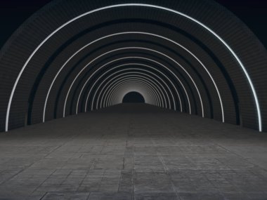 Fütürist hafif 3D işlemeli uzun, karanlık bir tünel