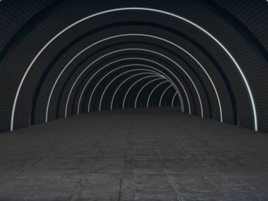 Fütürist hafif 3D işlemeli uzun, karanlık bir tünel