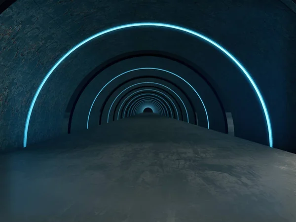 Langer Dunkler Tunnel Mit Futuristischem Licht Rendering — Stockfoto