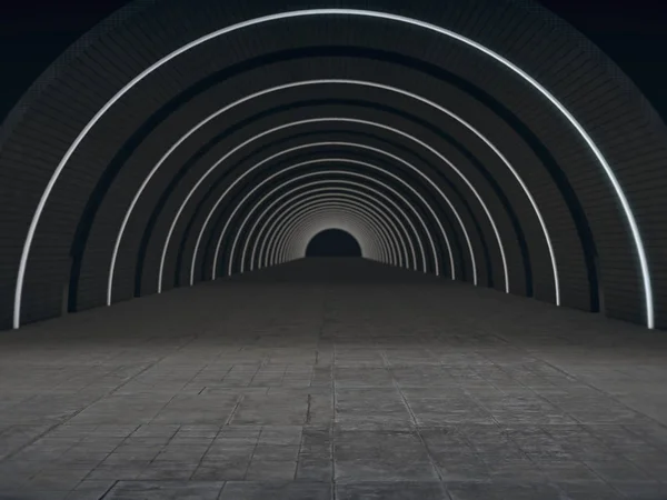 Túnel Escuro Longo Com Luz Futurista Renderização — Fotografia de Stock