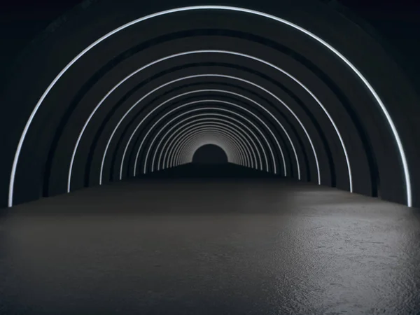 Túnel Escuro Longo Com Luz Futurista Renderização — Fotografia de Stock