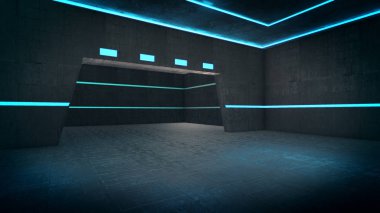 Işık saçan boş oda, soyut boşluk 3D görüntüleme 