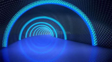 Görüntü için kaldırım, tasarım için platform, fütüristik ışık3d görüntüleme ile uzun koyu renkli tünel