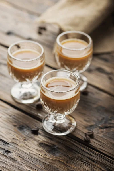 Strong Coffee Liqueur Wooden Table Selective Focus — Stock Photo, Image