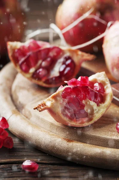 Italian Red Pomegranate Snow Wooden Table Selective Focus — Stock Photo, Image