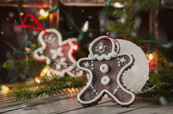 Gingerbread Christmas Snow Vintage Table Selective Focus — Stock Photo, Image