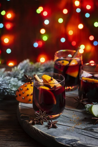 Karácsonyi Fűszerek Gyümölcsök Fából Készült Rusztikus Asztal Forralt — Stock Fotó