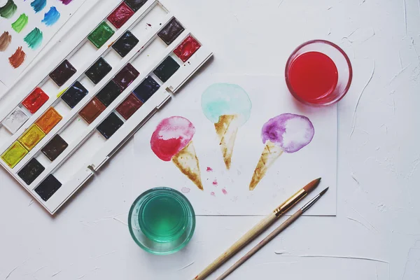 Palette Watercolor Paints Drawns Brushes Close — Stock Photo, Image