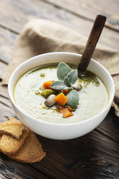 Italian Vegetarian Soup Minestrone Vegetabls Herb Selective Focus — Stock Photo, Image
