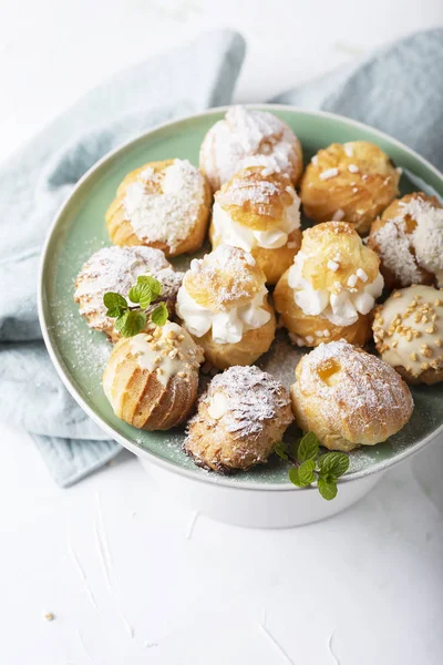 Mix Different Profiteroles Cream Selective Focus — Stock Photo, Image