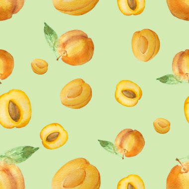 Elle çizilmiş suluboya kayısı desen yeşil zemin üzerine