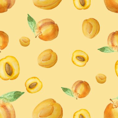 Elle çizilmiş suluboya kayısı desen sarı zemin üzerine