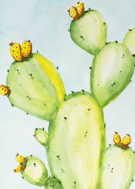 Mavi zemin üzerine suluboya el çekilmiş kaktüs