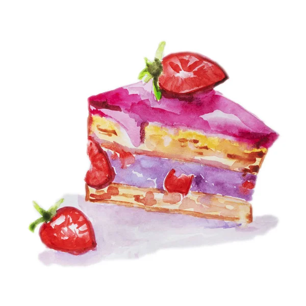 水彩画手绘草莓蛋糕查出在白色背景 — 图库照片
