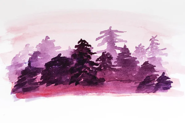 Watercolor Abstract Woddland Fir Trees Silhouette Winter Violet Background — Stock Photo, Image