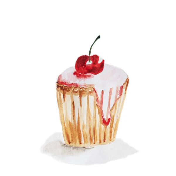 Acuarela Cupcake Dibujado Mano Con Cereza Aislada Sobre Fondo Blanco —  Fotos de Stock
