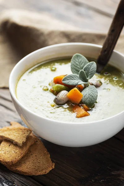 Italian Vegetarian Soup Minestrone Vegetables Herbs Selective Focus — Stock Photo, Image