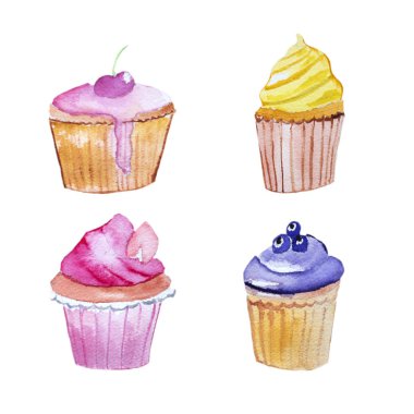 Elle çizilmiş suluboya cupcake beyaz arka plan üzerinde izole. Parti konsept