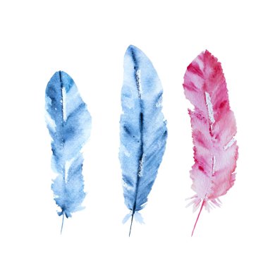 El çekilmiş Indigo ve pembe beyaz arka plan üzerinde izole tüy suluboya