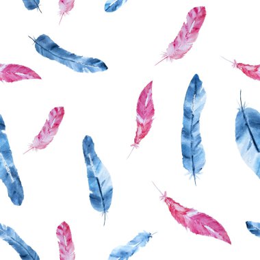 El çekilmiş Indigo ve pembe beyaz arka plan üzerinde izole tüy suluboya