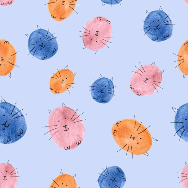 Acuarela Pintada Mano Gatos Divertidos Aislados Sobre Fondo Azul — Foto de Stock