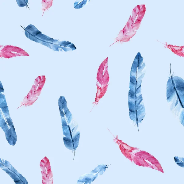Hand drawn Indigo and pink feather watercolor isolated on blue background