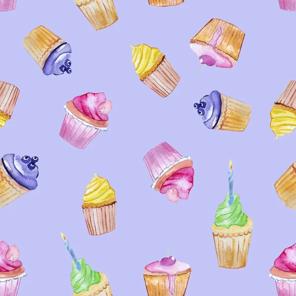 Acuarelas Dibujadas Mano Cupcake Aislado Sobre Fondo Violeta Concepto Del —  Fotos de Stock