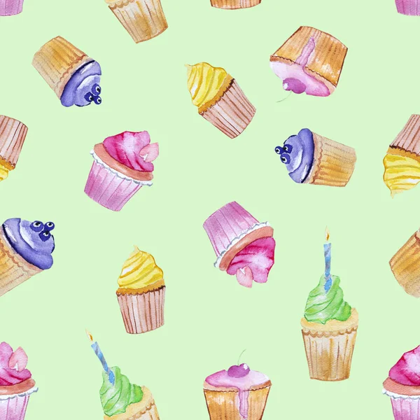 Elle Çizilmiş Suluboya Cupcake Yeşil Arka Plan Üzerinde Izole Parti — Stok fotoğraf