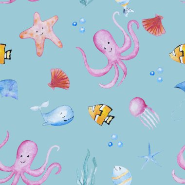 Komik el çekilmiş suluboya desen. Deniz hayat izole mavi arka plan üzerinde gösterimi