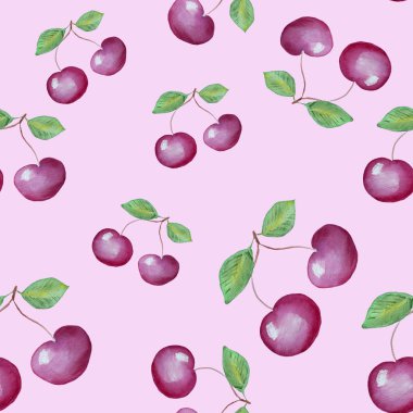 Suluboya kiraz seamless modeli pembe arka plan izole