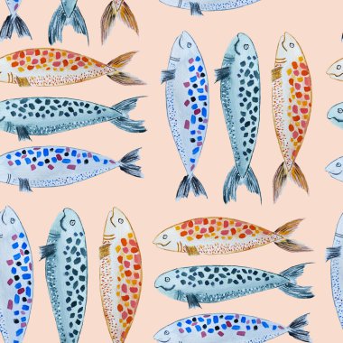 Suluboya sardalye somon arka plan üzerinde izole el çekilmiş