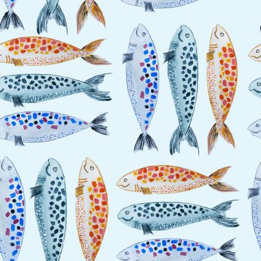 Suluboya sardalye üzerinde mavi arka plan izole el çekilmiş