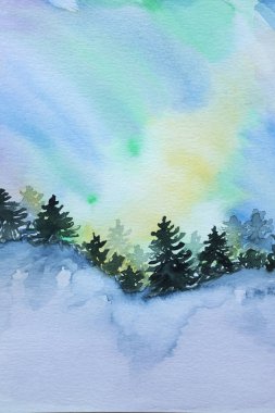 Köknar ile güzel Aurora manzara arka plan uzakta ormandaki ağaçlar. Orijinal suluboya resim. -İllüstrasyon