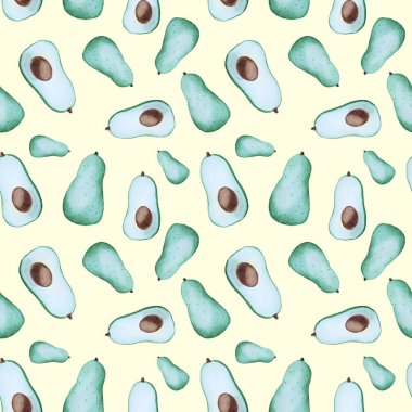Watercolor seamless pattern with avocado isolated on yellow backgeround clipart