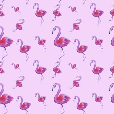 Suluboya el çekilmiş seamless modeli pembe flamingo, pembe arka plan izole ile