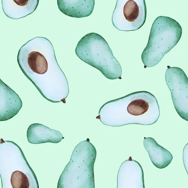 Akvarell Sömlösa Mönster Med Avokado Isolerad Grön Backgeround — Stockfoto