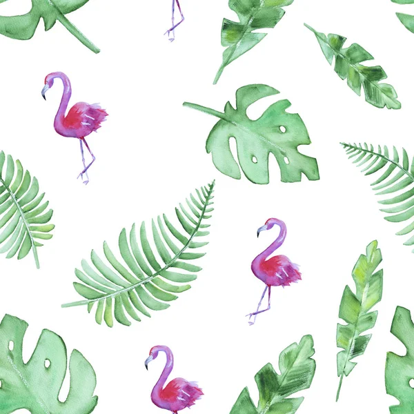 Hand drawn seamless tropical pattern with green leaves and flamingo