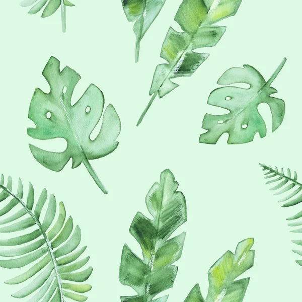 Seamless Watercolor Pattern Tropical Leavs Isolated Green Background — Stock Photo, Image