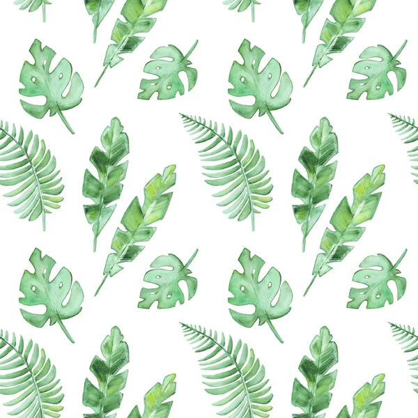 Seamless Watercolor Pattern Tropical Leavs Isolated White Background — Stock Photo, Image