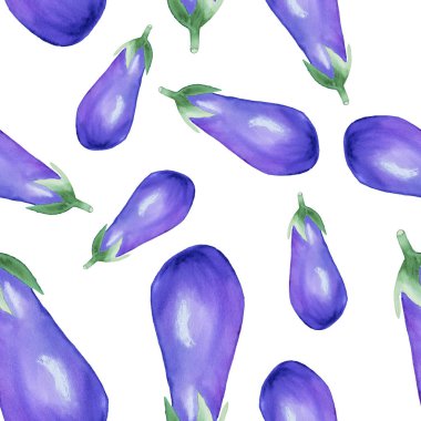 Beyaz arka plan üzerinde izole patlıcan ile sulu boya Dikişsiz desen