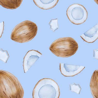 Suluboya el hindistancevizi elemanları ile çizilmiş seamless modeli üzerinde mavi arka plan izole