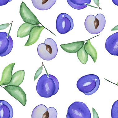 Elle çizilmiş sulu boya Dikişsiz desen Erik elemanları ile