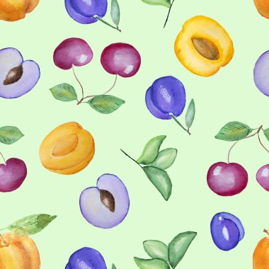 Suluboya Dikişsiz el kiraz, Erik ve şeftali ile çizilmiş meyve kalıbı