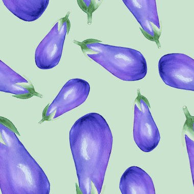 Sulu boya Dikişsiz desen üzerinde yeşil arka plan izole patlıcan ile