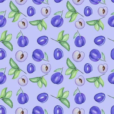 Elle çizilmiş sulu boya Dikişsiz desen Erik elemanları ile