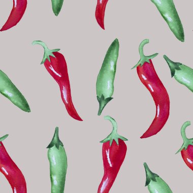 Sulu boya Dikişsiz desen gri arka plan üzerinde izole kırmızı ve yeşil biber biber ile