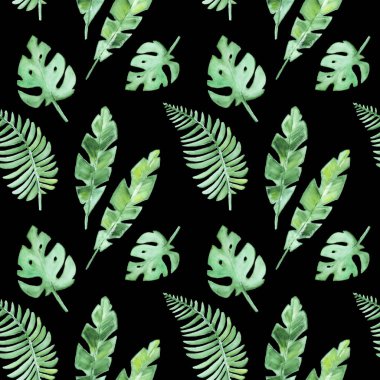 Siyah arka plan üzerine izole tropikal yaprakları ile Seamless modeli