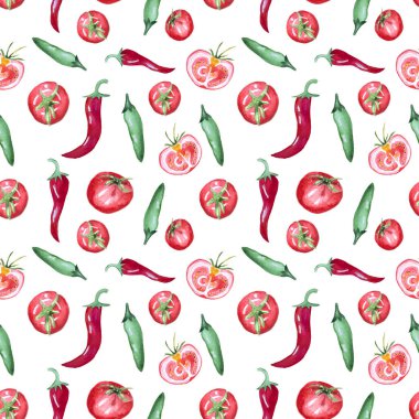 Domates ve biber beyaz arka plan üzerinde izole ile Seamless suluboya modeli