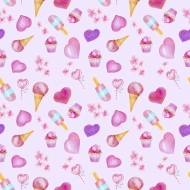 Kalpler, dondurma, cupcake ve pembe arka plan izole çiçekler ile Seamless modeli